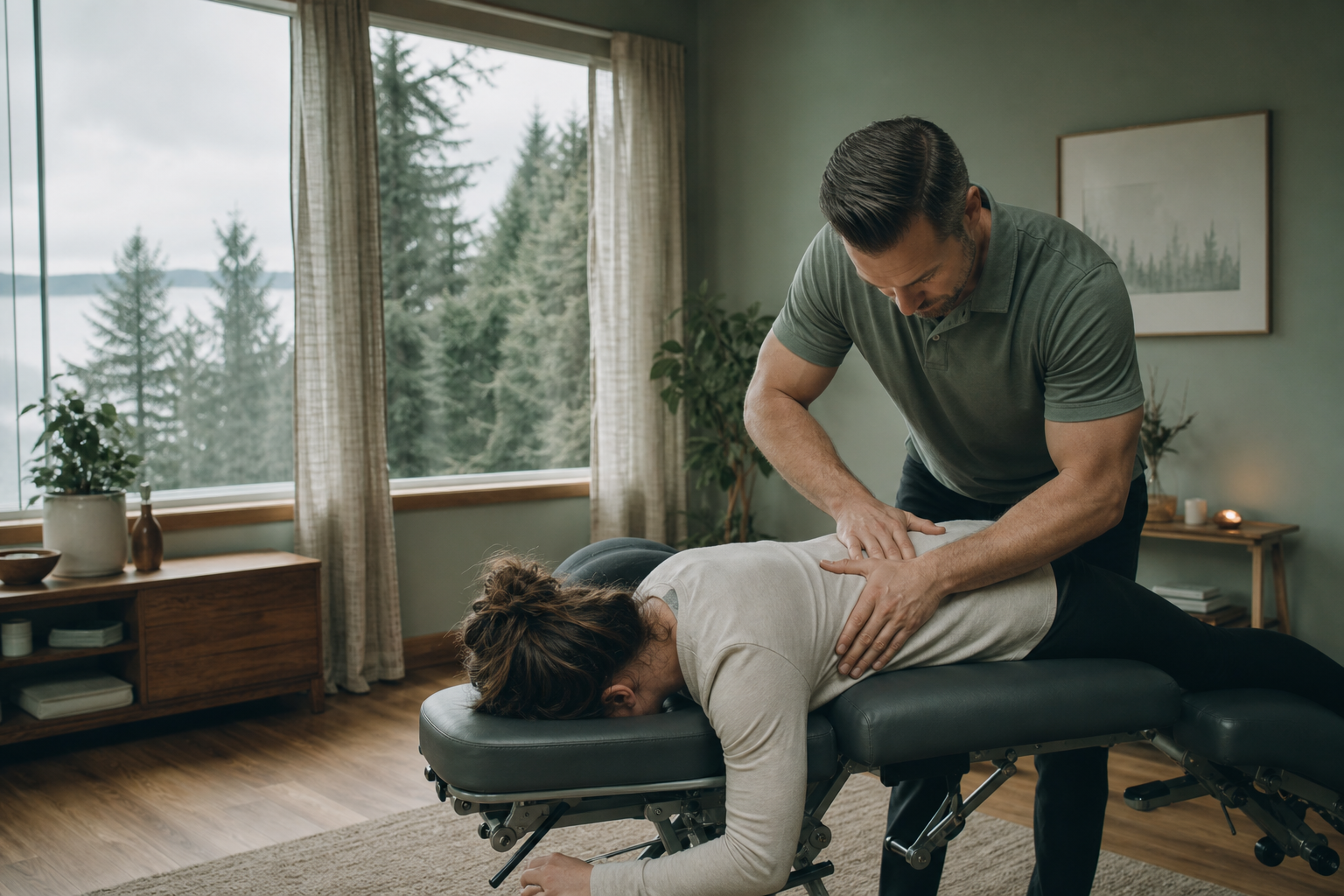 Chiropractic adjustment in the Riverwoods treatment room