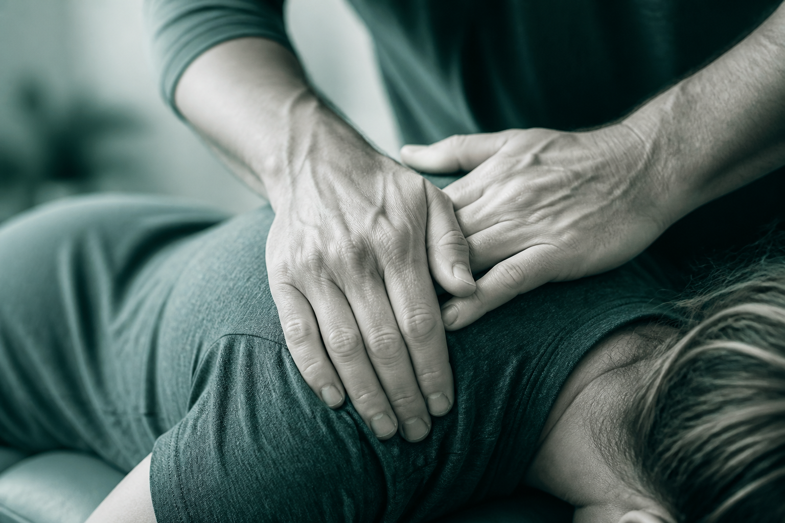 Hands performing a spinal adjustment